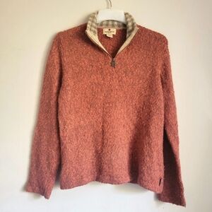 WOOLRICH Women's 3/4 Zip Orange Heathered Ramie Blend Collared Sweater
